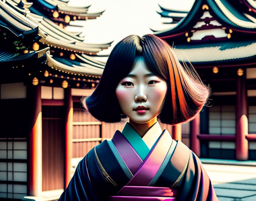 Digital Artwork: Woman in Colorful Kimono at Japanese Temple