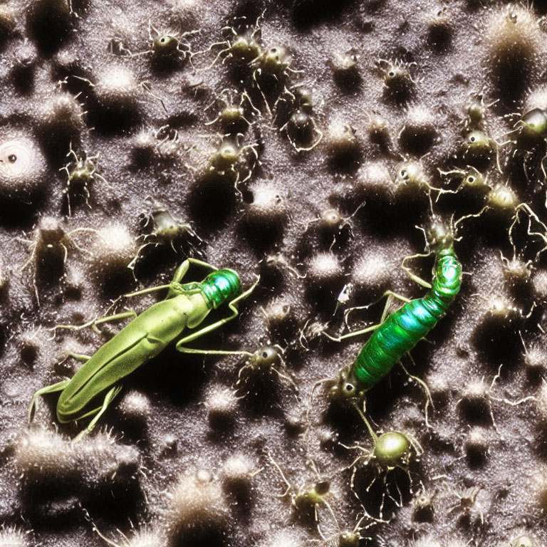 Colorized micrograph of green cricket and caterpillar on textured surfaces