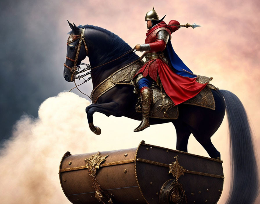 Knight on Black Horse Leaping Over Chest Under Dramatic Sky