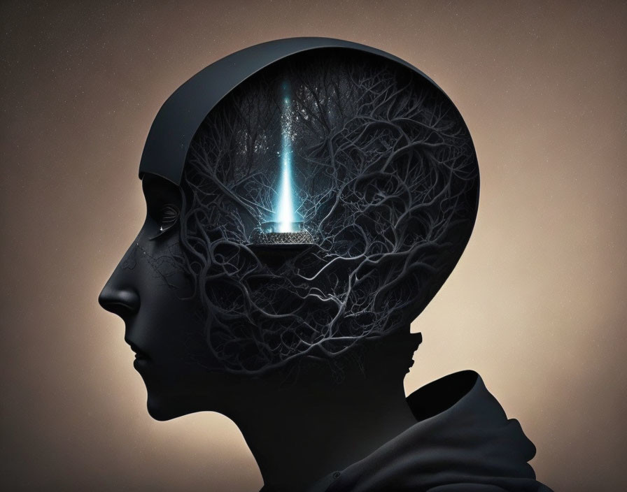 Conceptual image: Human head profile with cutaway revealing tree and light beam