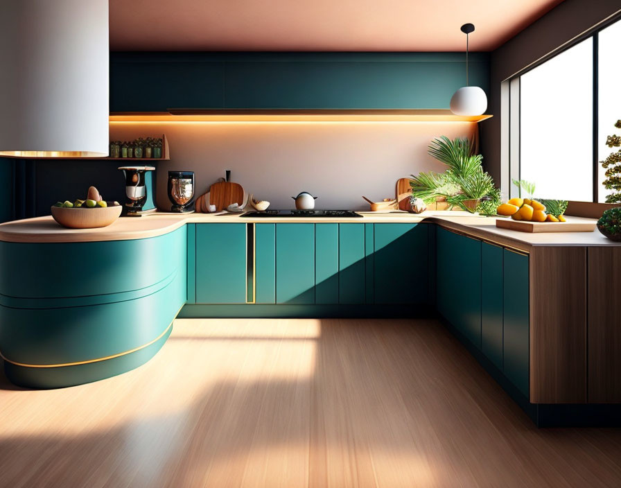 Teal Cabinets and Wooden Accents in Modern Kitchen