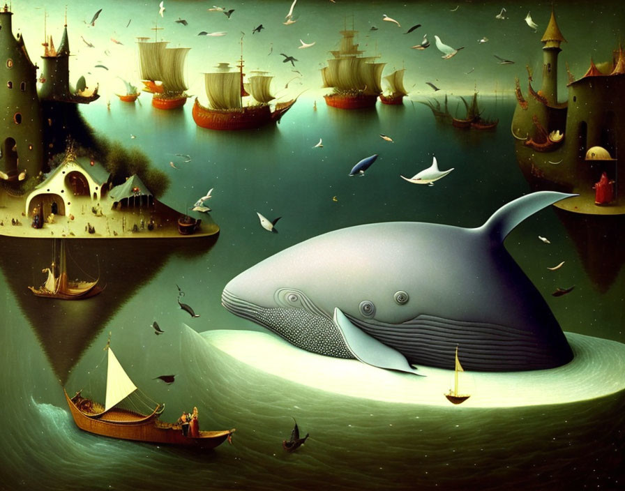 Surrealist seascape with oversized whale and sailing ships