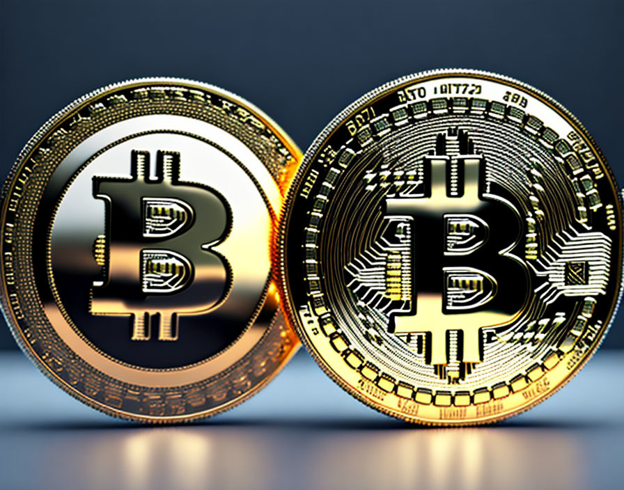 Golden Bitcoin tokens with logo on blurred metallic background.