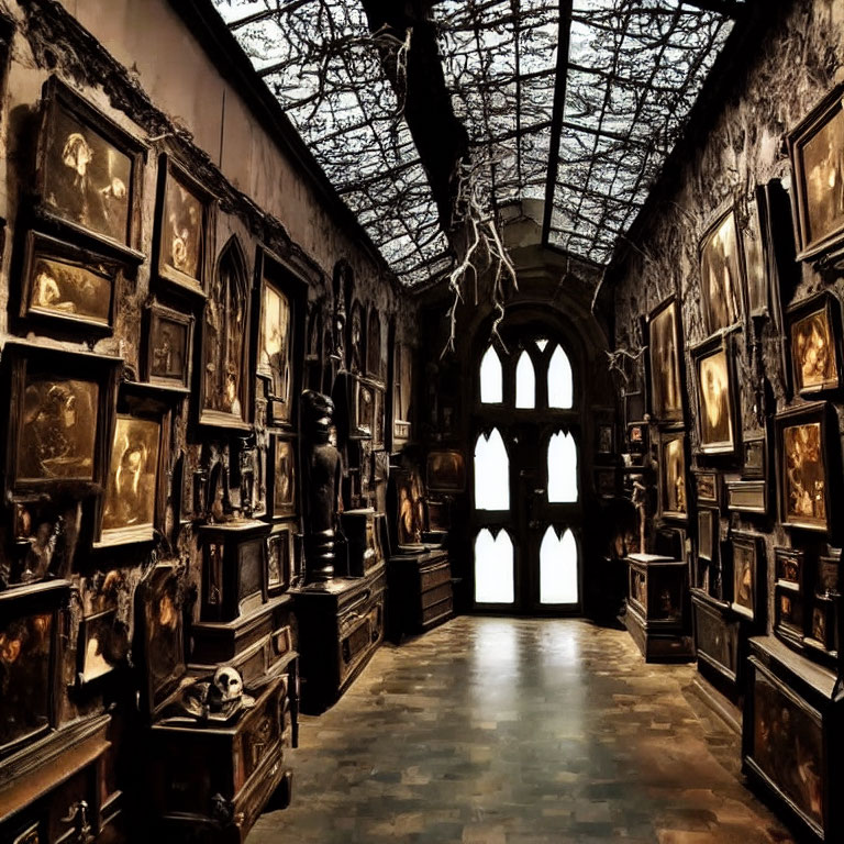 Ornate framed paintings in dimly lit gallery with skull pedestal