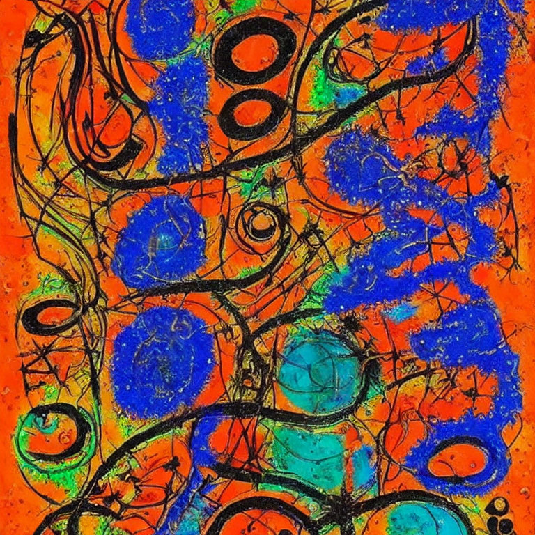 Vibrant Orange Abstract Painting with Blue Circles and Black Lines