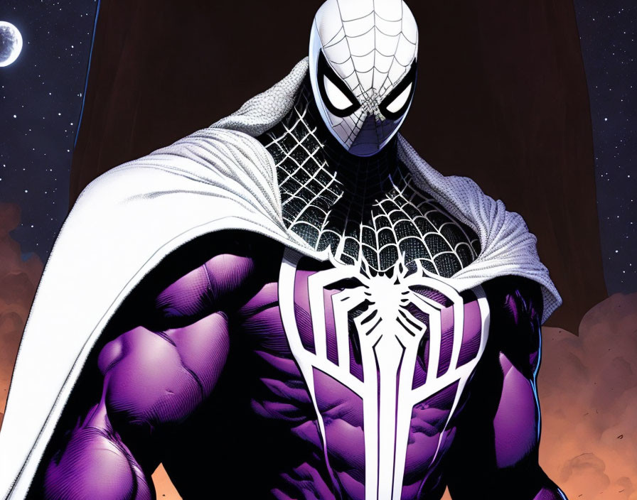 Spider-Man in White and Black Suit Against Cosmic Background