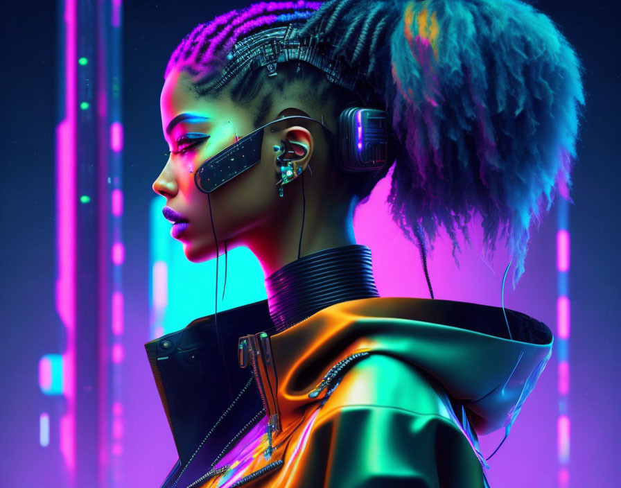 Futuristic woman with cyberpunk style, neon lighting, braided hair, and advanced techwear