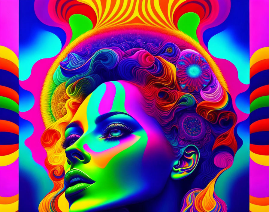 Colorful Psychedelic Portrait of Woman with Swirls on Rainbow Background