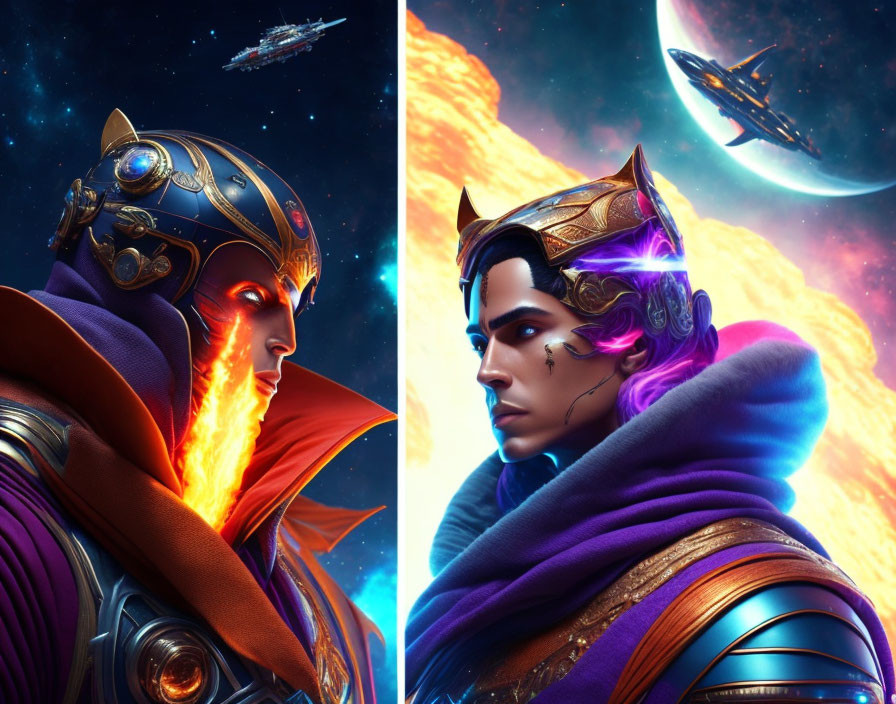 Stylized armored characters in profile on cosmic background.