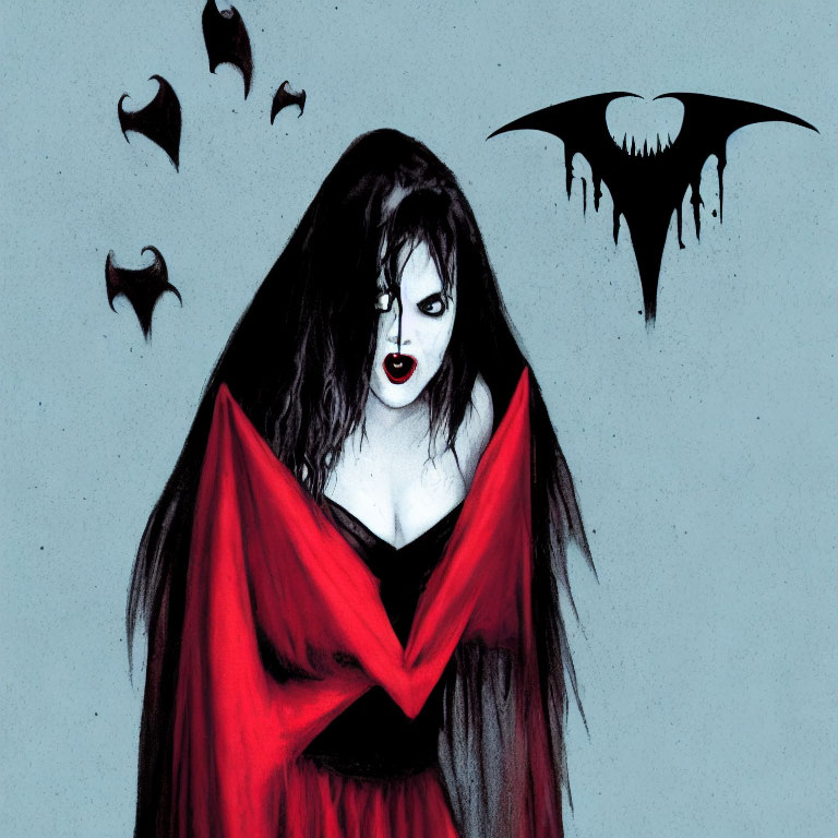 Dark-haired vampire figure with red eyes in red cloak, surrounded by bats
