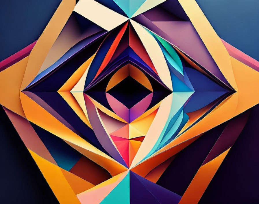 Abstract Geometric Design: Symmetrical Paper-Fold Shapes in Orange, Blue, and Purple