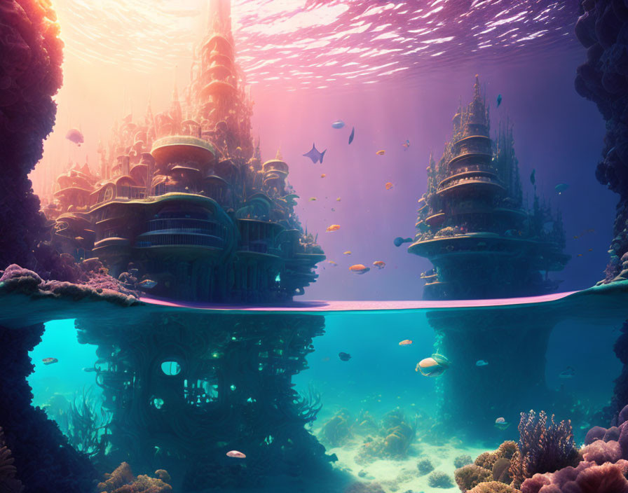 Futuristic underwater cityscape with coral reefs and sunlit ocean surface