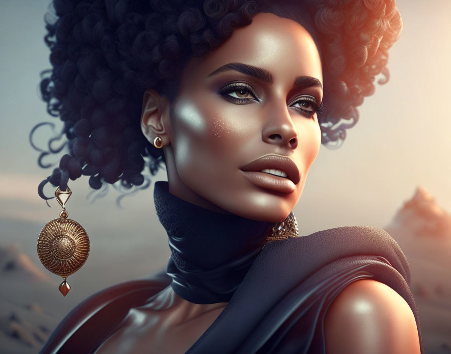 Woman with Voluminous Curly Hair and Striking Makeup in Artistic Rendering