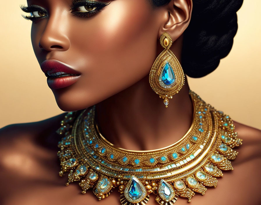 Stylish woman with elaborate gold and blue gemstone jewelry