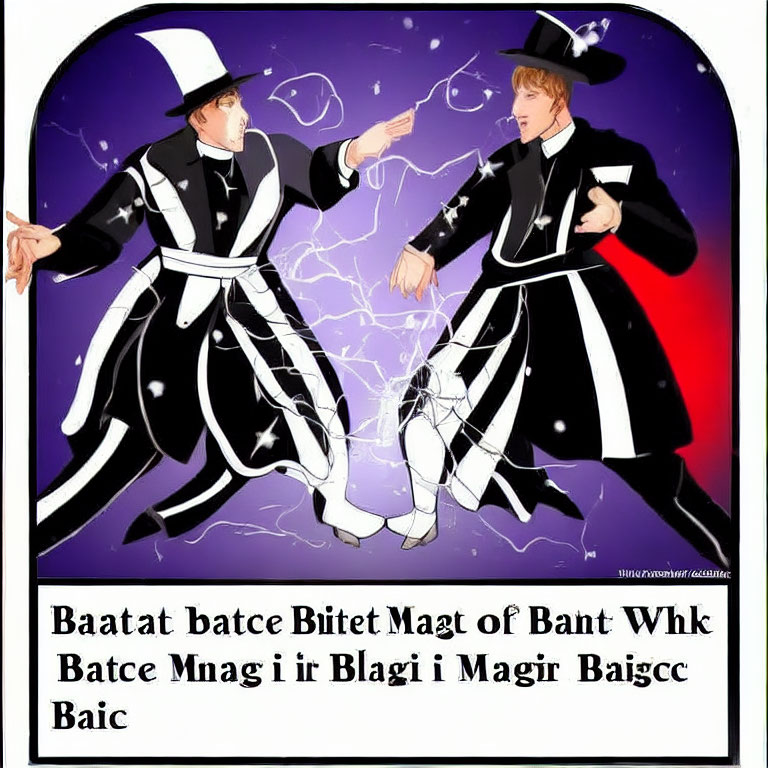 Black and white animated characters in robes casting spells with purple lightning on blue backdrop