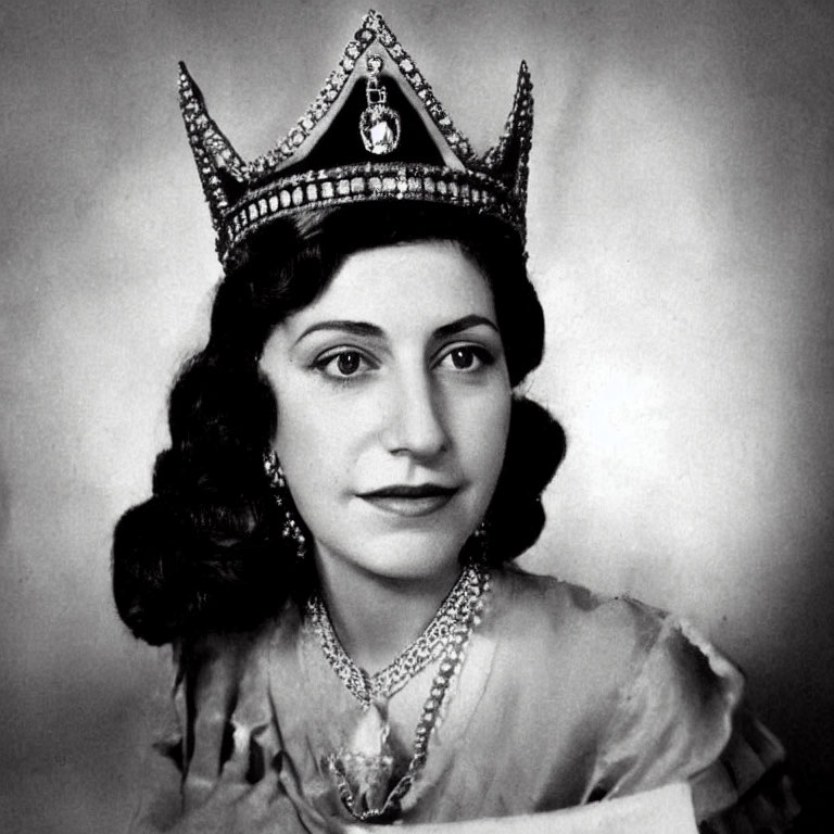 Vintage Black and White Portrait of Woman with Crown and Necklace