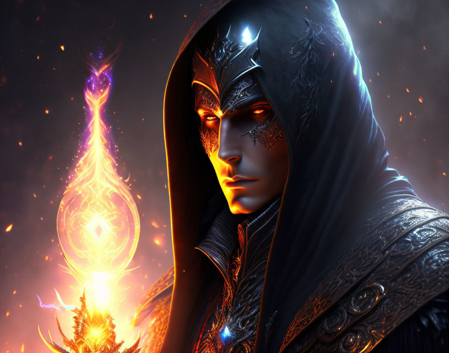 Fantasy character in hooded armor with fiery magic symbol.