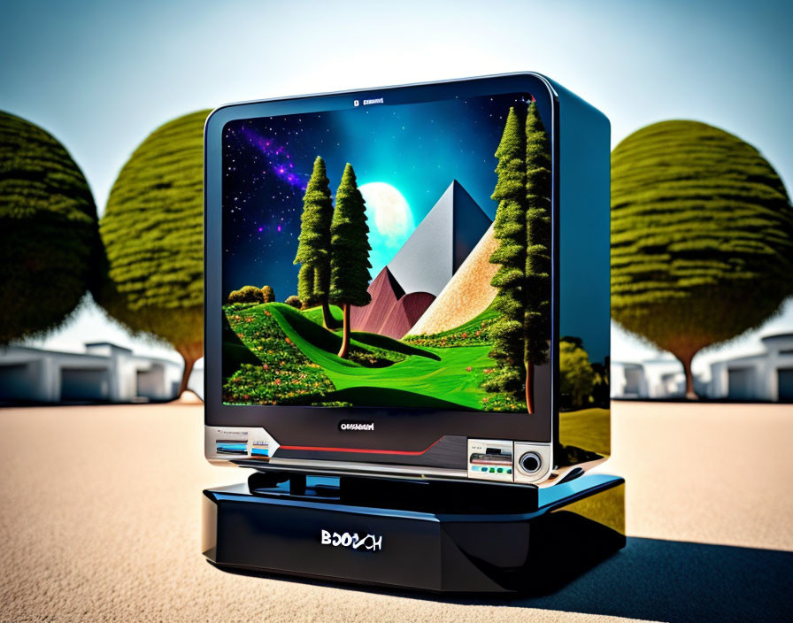 Stylized retro computer displaying surreal landscape outdoors