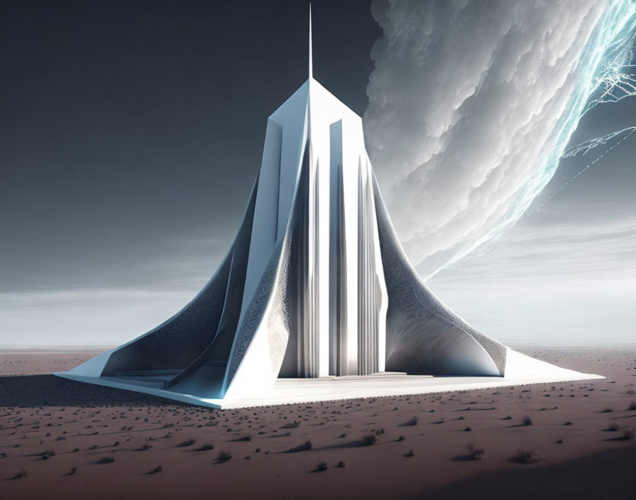 Futuristic white spire building in desert with cosmic sky