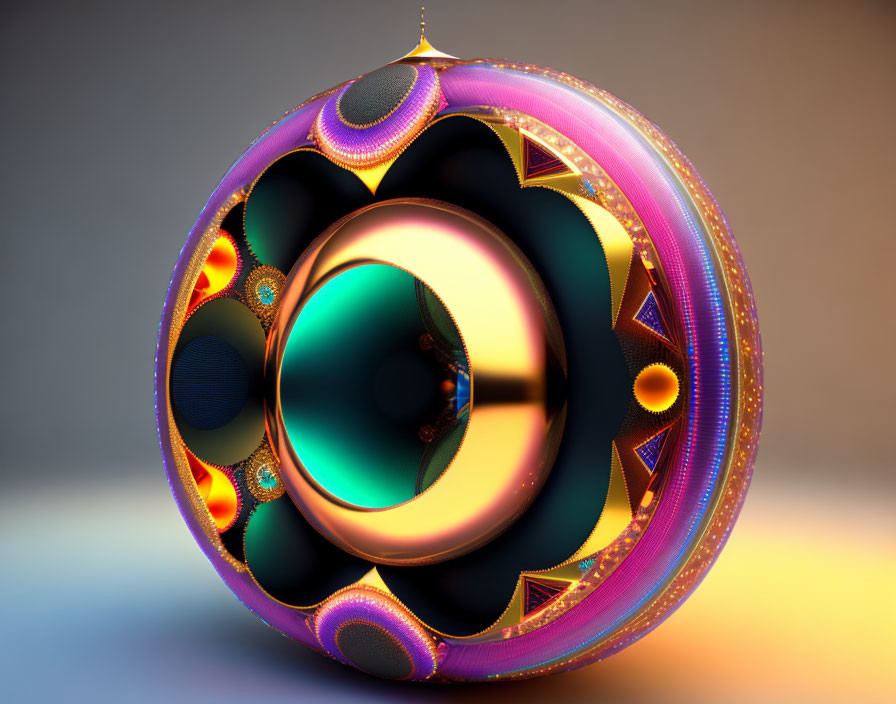 Intricate fractal torus with jewel tones on gradient background