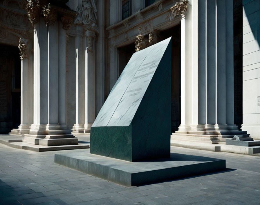 Modern green obelisk sculpture in front of elegant building with classic columns.