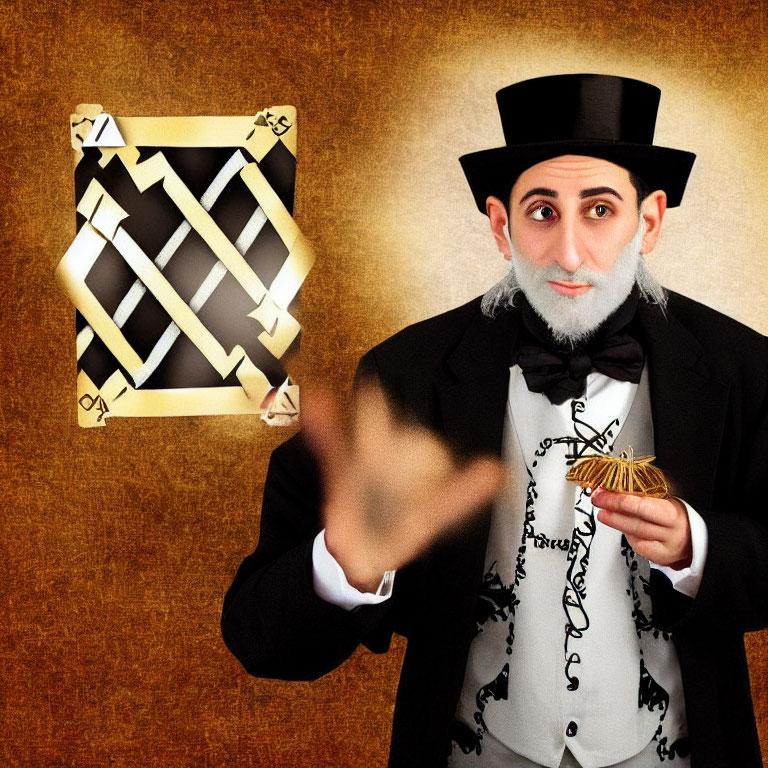 Magician in black top hat with floating oversized playing card on amber background