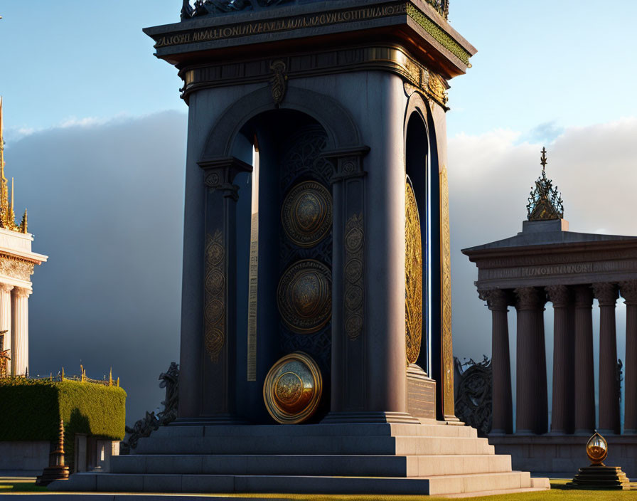 Majestic arch with golden designs under dramatic sky and classical buildings