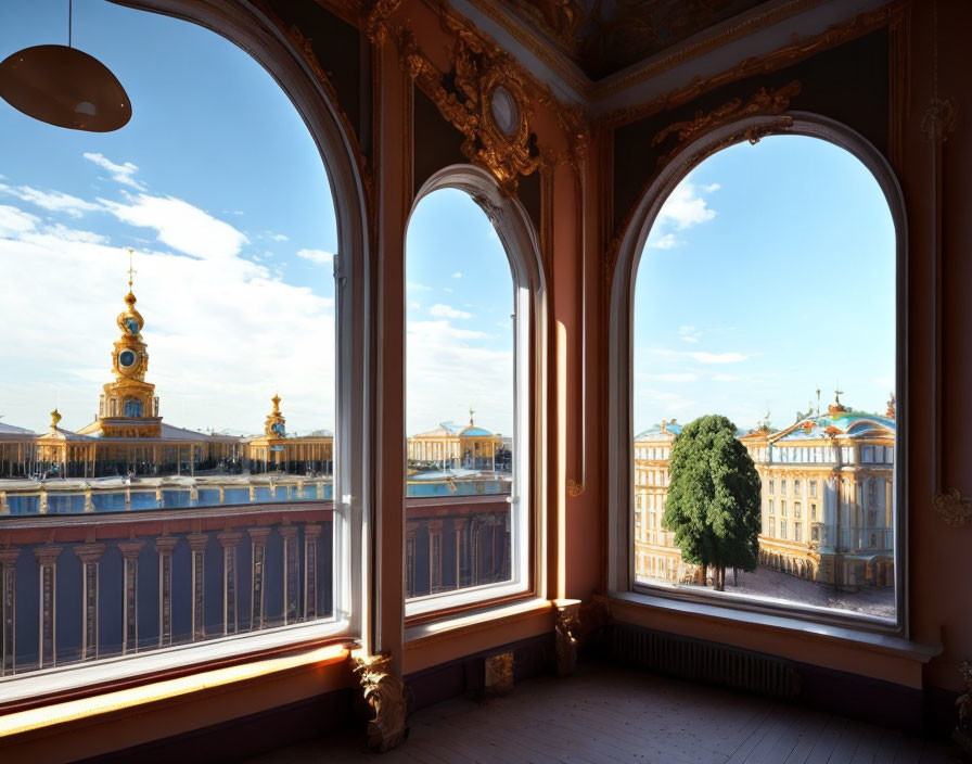 Ornate room with arched windows overlooking European-style building