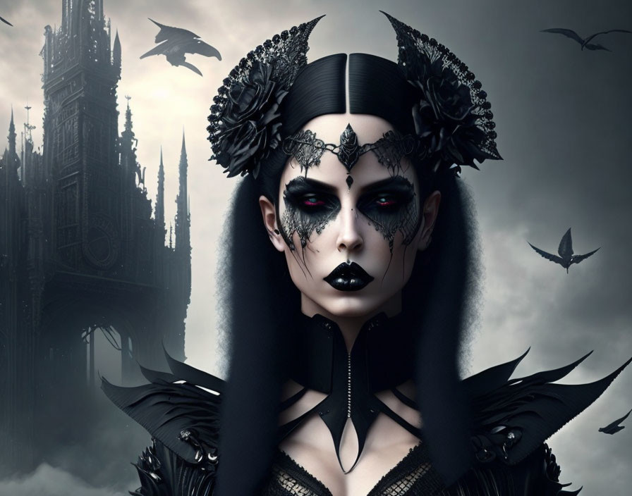 Gothic figure with black makeup, bats, and dark castle backdrop