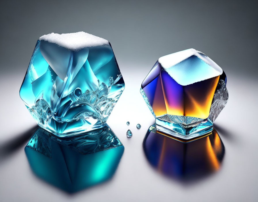 Realistic ice cubes with snow, colorful reflections on glossy surface