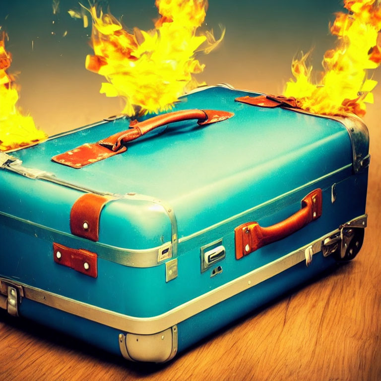 Vintage Blue Suitcase with Fiery Flames on Warm Background