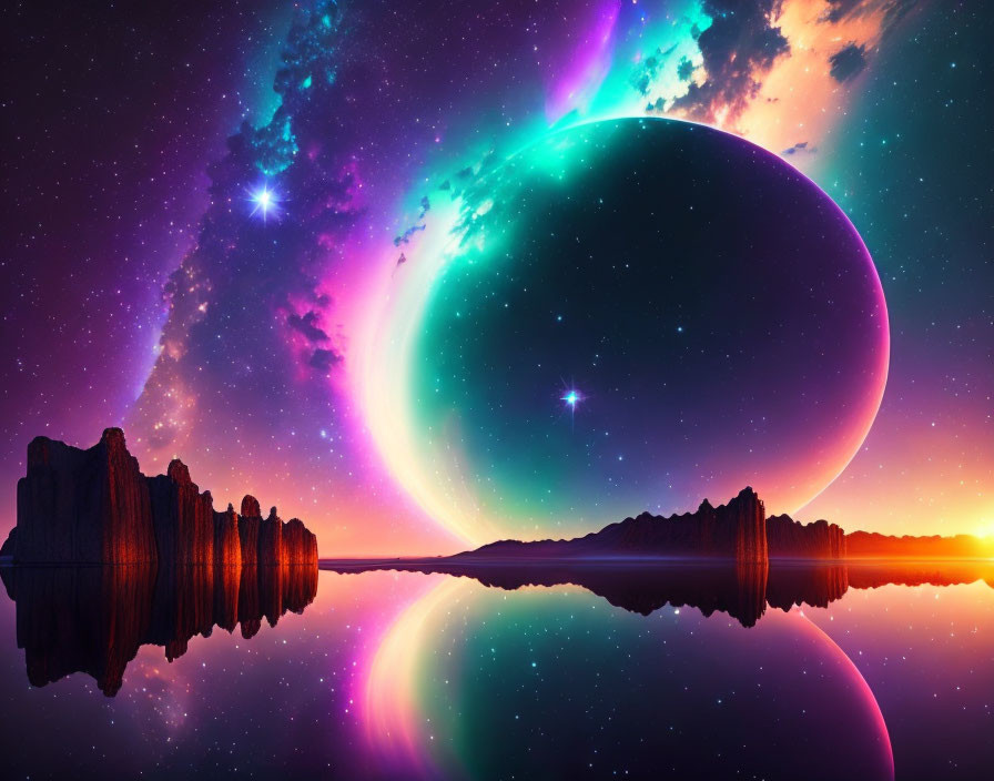 Tranquil lake mirroring cosmic mountain range and surreal sky