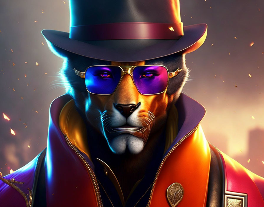 Anthropomorphic lion with glasses and hat in stylish coat on ember backdrop