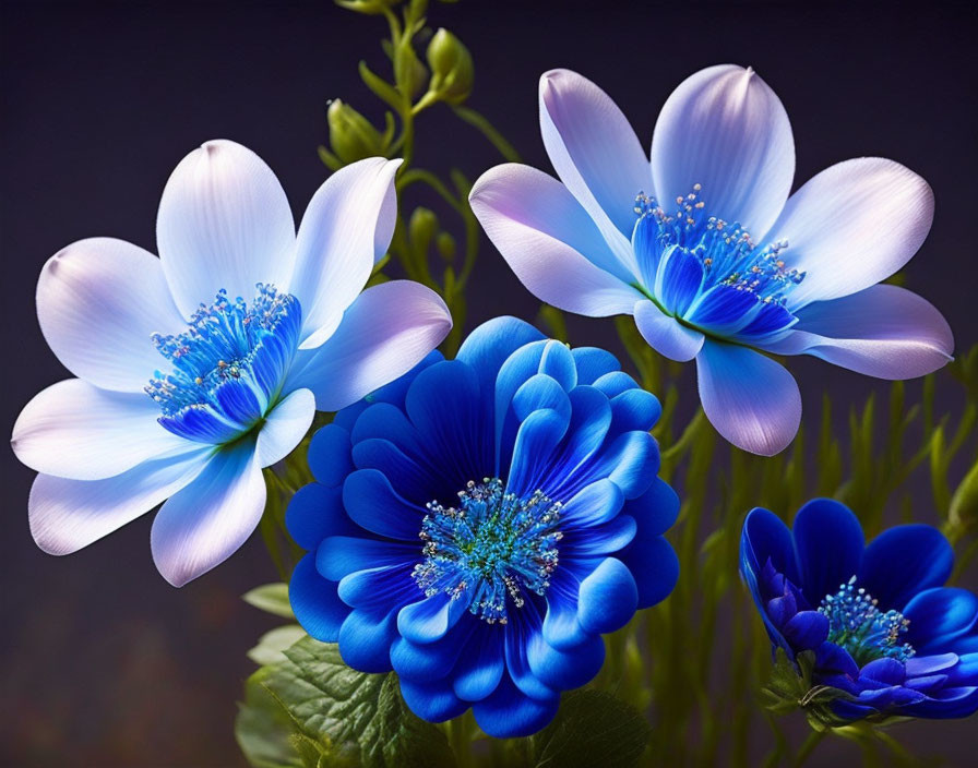 Vibrant Blue Flowers with Gradient Petals on Dark Background