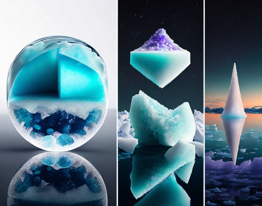 Surreal iceberg sculptures in geometric shapes against arctic landscapes