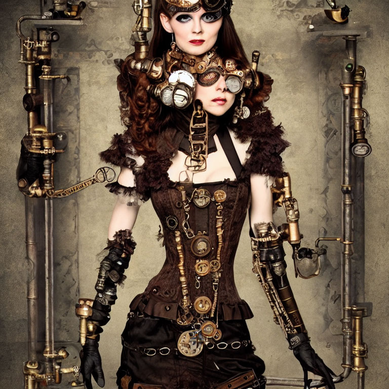 Steampunk-themed woman with intricate outfit and mechanical accessories