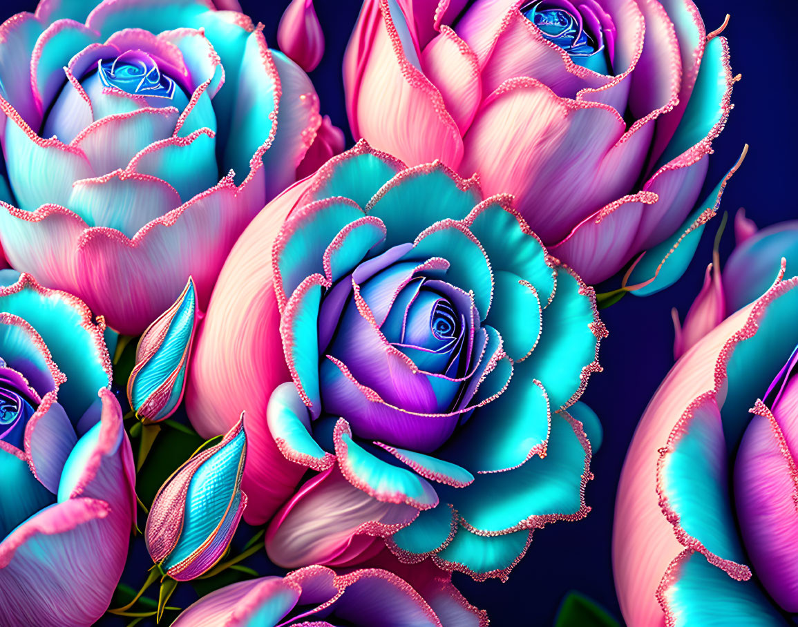 Colorful digital artwork: Stylized roses with purple to pink gradient on blue background