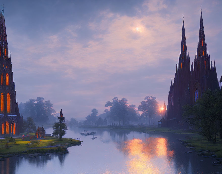 Gothic cathedral by calm river at twilight with misty atmosphere