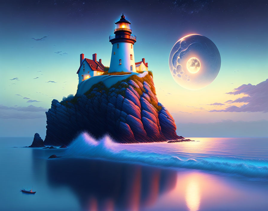 Twilight scene: Lighthouse on rocky island, detailed moon, calm ocean