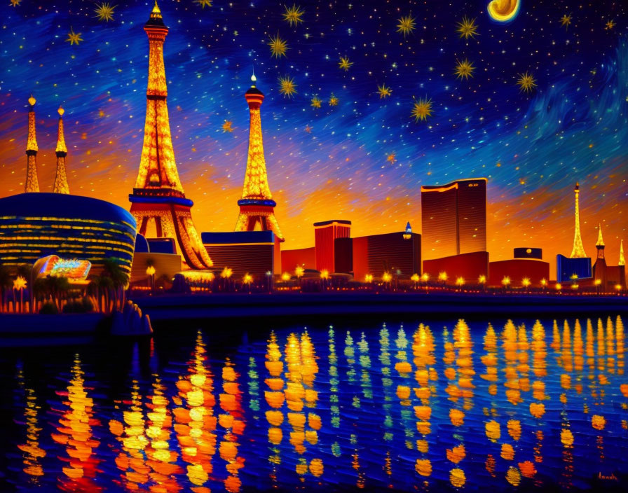 Colorful painting: Las Vegas skyline at night with illuminated buildings and casinos reflected on water