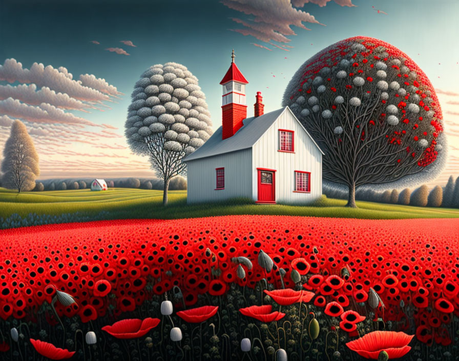 Whimsical landscape with white house, lighthouse, poppy field, and stylized trees