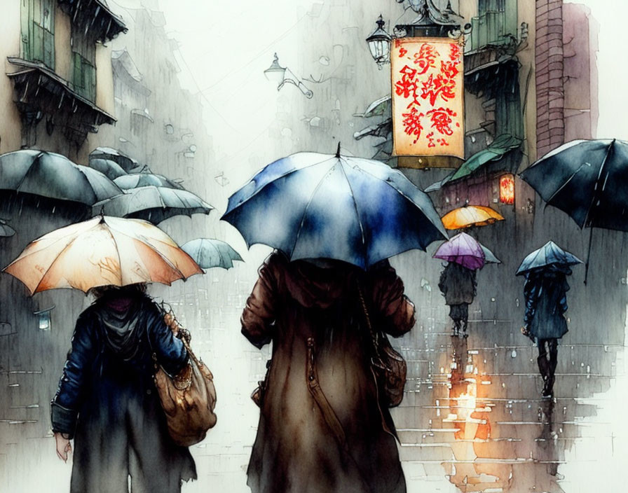 Rainy city street scene with people holding umbrellas and a glowing red sign, water reflections.