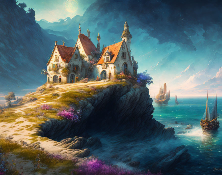 Fantasy landscape: Stone cottage on cliff with lush flora and sailing ships