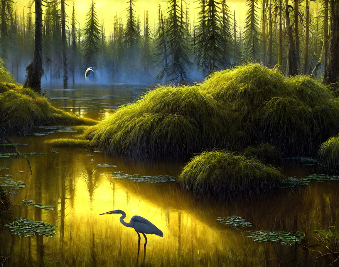 Tranquil forest pond at sunset with heron and lush greenery