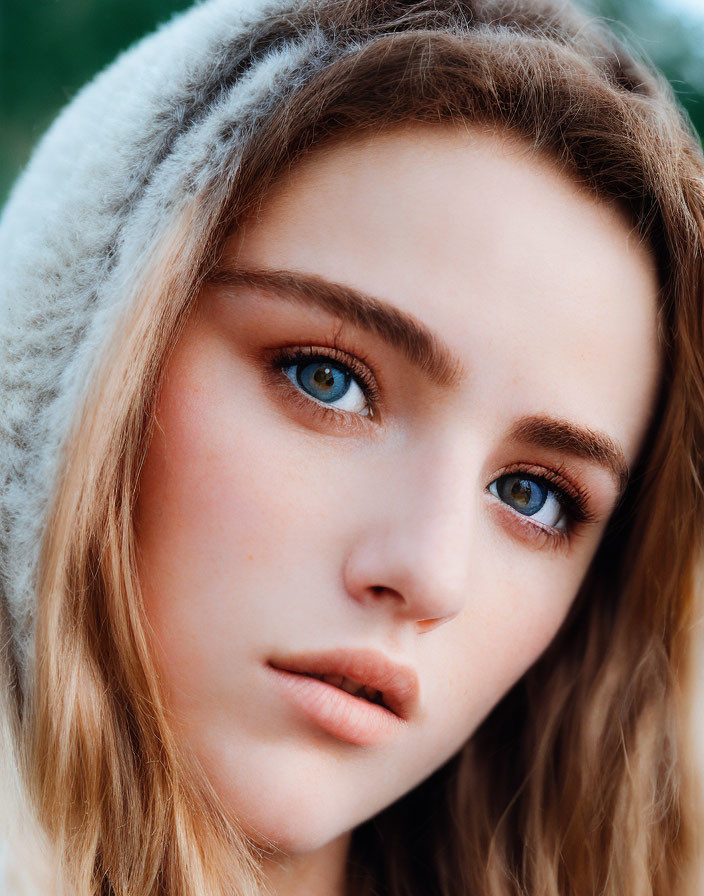 Portrait of young woman with blue eyes in hood, serene expression