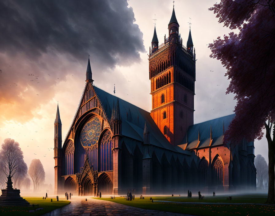 Gothic Cathedral with Illuminated Windows and Rose Window at Dusk