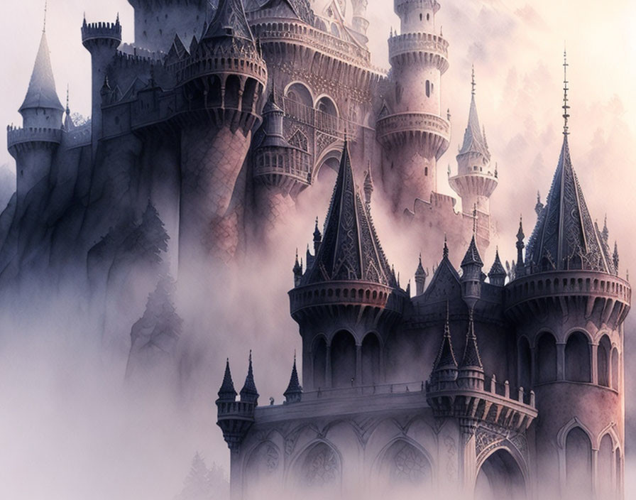 Mystical castle with multiple spires and gothic architecture