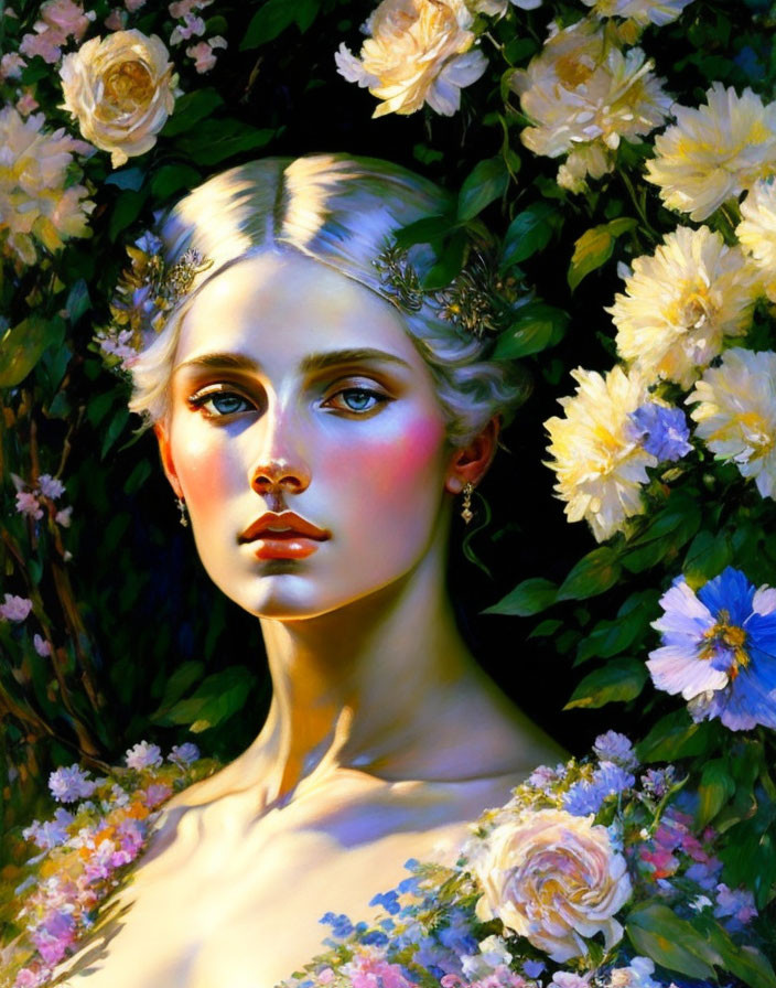 Woman portrait with serene expression amidst lush flowers.