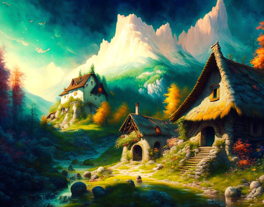 Tranquil fantasy landscape with cottages, stream, greenery, and mountains