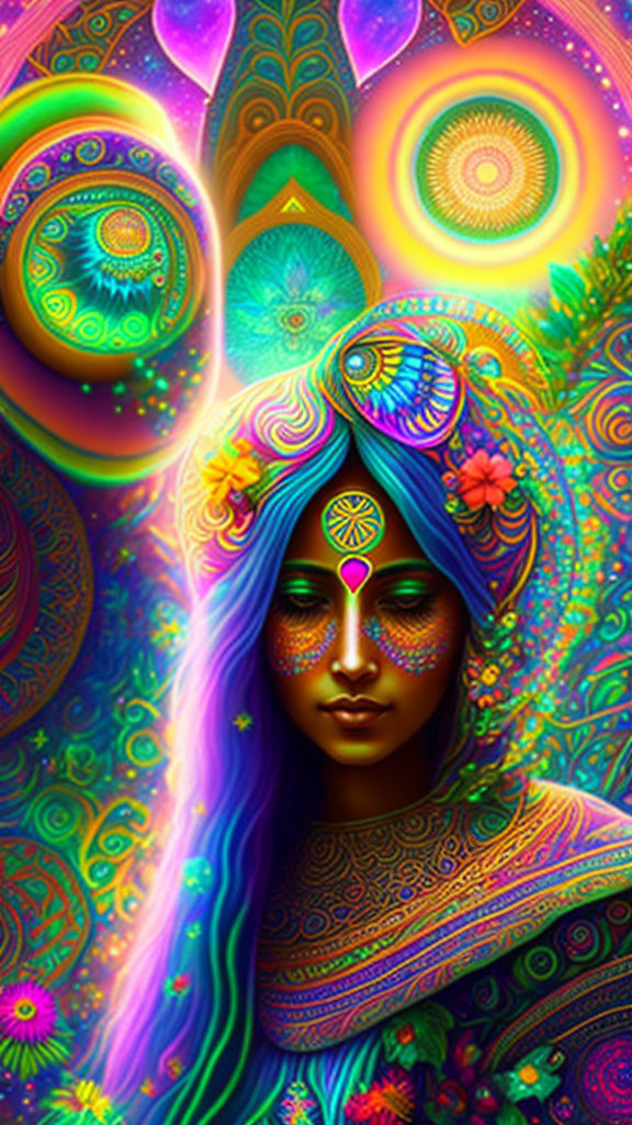 Colorful Psychedelic Illustration of Woman with Blue Hair and Celestial Background